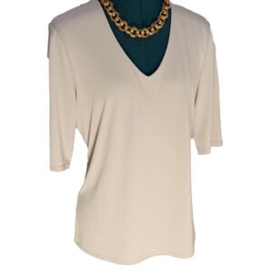 P130. Grace V-neck Short-Sleeve Light Taupe Top |L